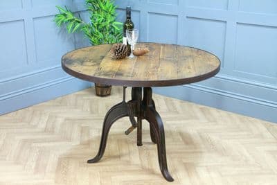 Vintage Industrial Adjustable Height Cast Iron Round Dining Table Reclaimed