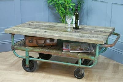 Vintage Industrial Trolley Coffee Table Upcycled Reclaimed Heavy Duty Rustic