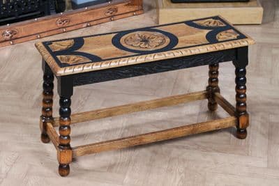 Vintage Oak & Black Carved Bobbin Turned Small Coffee Table Hall Bench C1940