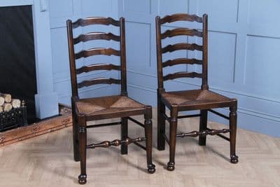 Vintage Pair of Reproduction Ladder Back Solid Ash Rush Seated Dining Chairs