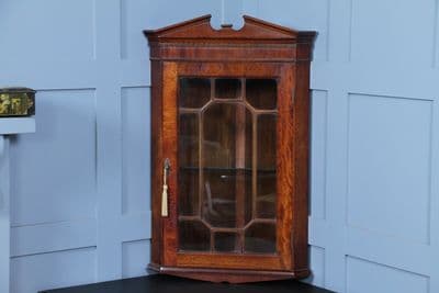 Vintage Reproduction Antique Astral Glazed Mahogany Corner Wall Hanging Cabinet