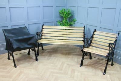 Vintage Restored Oak Cast Iron Fleur De Lis Garden Bench & Armchairs with Covers