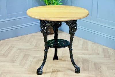 Vintage Round Solid Oak Cast Iron Pub Bar Kitchen Restored Hall Garden Table