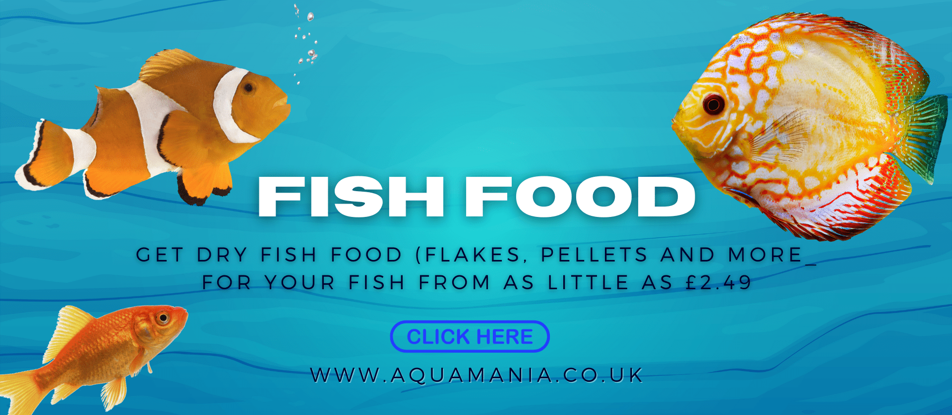 Fish food from as low as £2.49! The image features a blue water style background with ripples in with a percula clownfish image, a red discus image and a goldfish image.