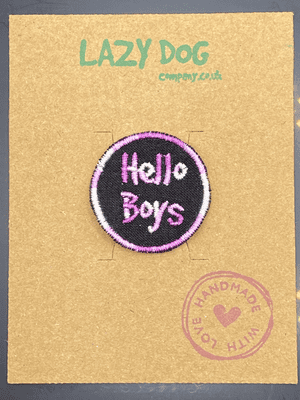 Embroidered Iron on Black Hello Boys Badge for Dogs by Lazy Dog Company.
