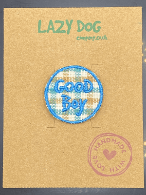 Embroidered Iron on Blue Check Good Boy Badge for Dogs by Lazy Dog Company.