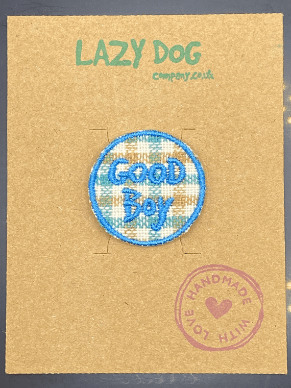 Embroidered Iron on Blue Check Good Boy Badge for Dogs by Lazy Dog Company.