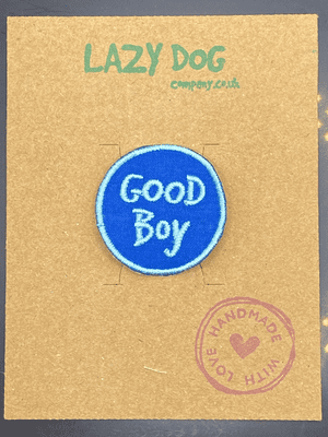 Embroidered Iron on Blue Good Boy Badge for Dogs by Lazy Dog Company.