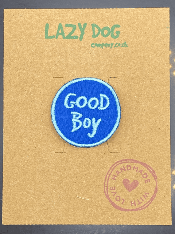 Embroidered Iron on Blue Good Boy Badge for Dogs by Lazy Dog Company.