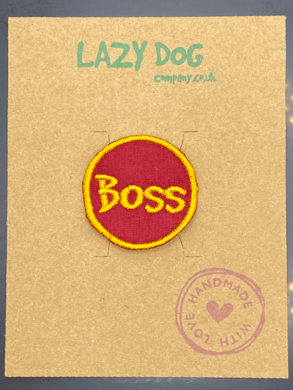 Embroidered Iron on Burgundy Boss Badge for Dogs by Lazy Dog Company.