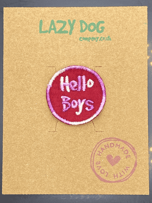 Embroidered Iron on Cerise Hello Boys Badge for Dogs by Lazy Dog Company