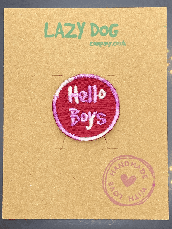 Embroidered Iron on Cerise Hello Boys Badge for Dogs by Lazy Dog Company
