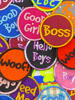 Embroidered Iron on Pink and Black Hello Boys Badge for Dogs by Lazy Dog Company.