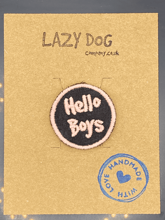 Embroidered Iron on Pink and Black Hello Boys Badge for Dogs by Lazy Dog Company.