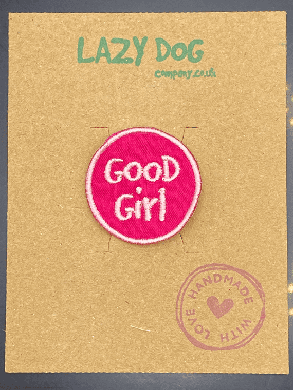 Embroidered Iron on Pink Good Girl Badge for Dogs by Lazy Dog Company.