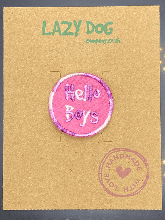 Embroidered Iron on Pink Hello Boys Badge for Dogs by Lazy Dog Company.