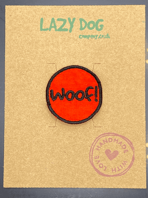 Embroidered Iron on Red Woof Badge for Dogs by Lazy Dog Company