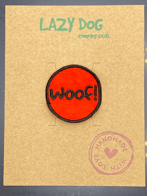Embroidered Iron on Red Woof Badge for Dogs by Lazy Dog Company
