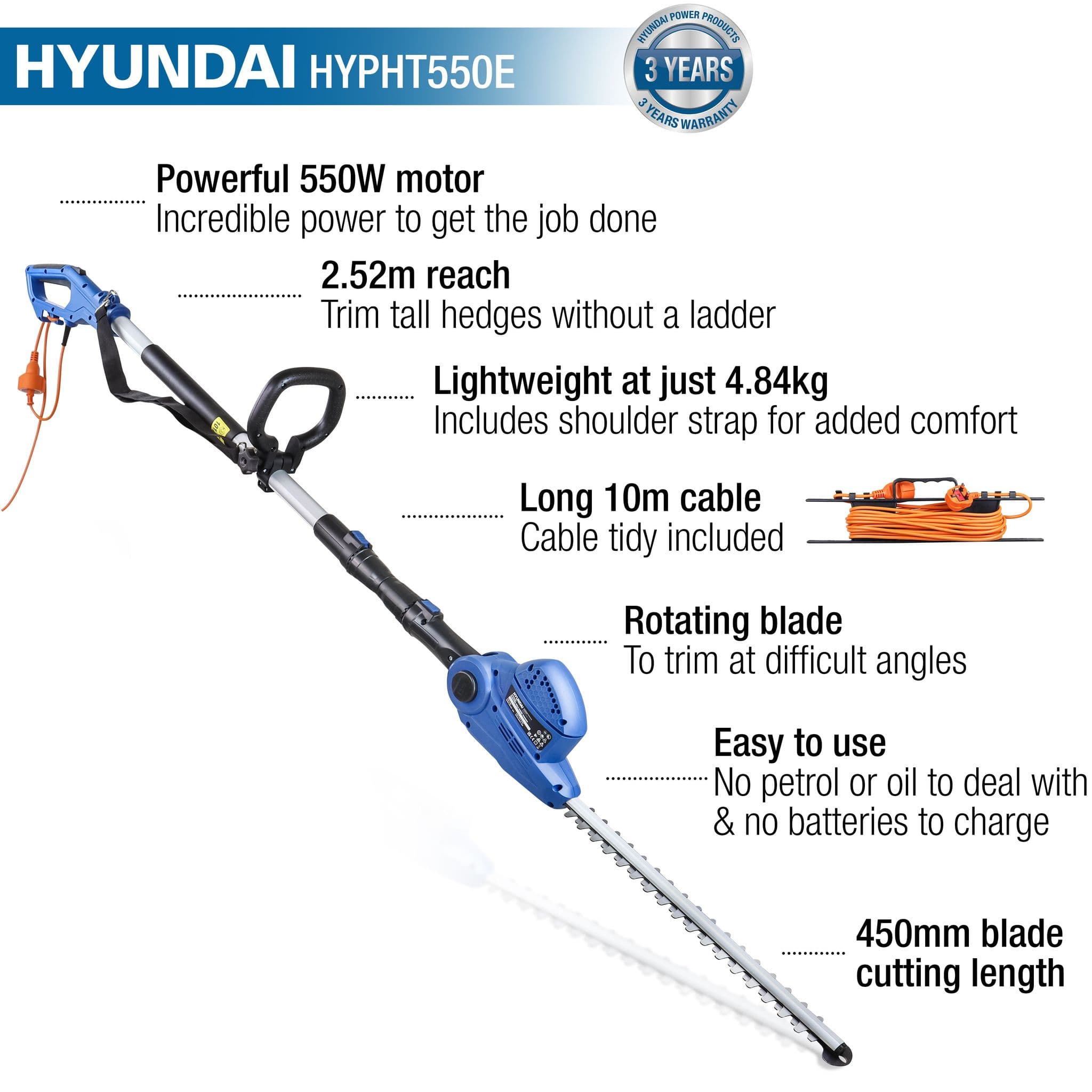 Hyundai 550W 450mm Long Reach Corded Electric Pole Hedge Trimmer/Pruner