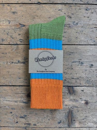 Wonky Green Turquoise Orange Large Socks
