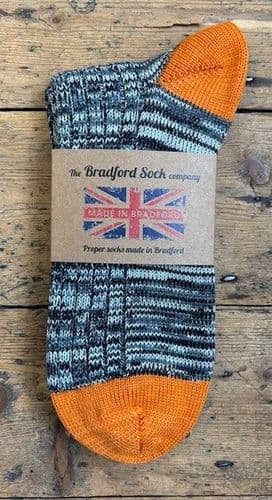 Wool Socks - Black & Grey Marl, Orange heel & toe. Machine Washable.