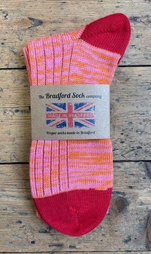 Wool Socks - Pink & Orange with Red heel & toe - Machine Washable.