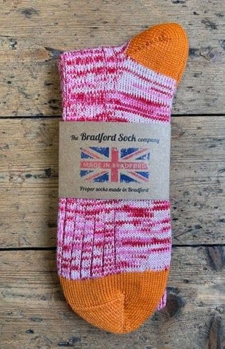 Wool Socks - Pink & Red Marl with Orange Heel and Toe - Machine Washable