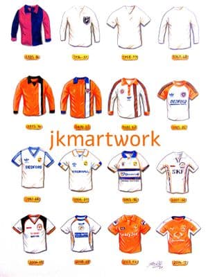 Hand Painted original of luton town shirts through the years