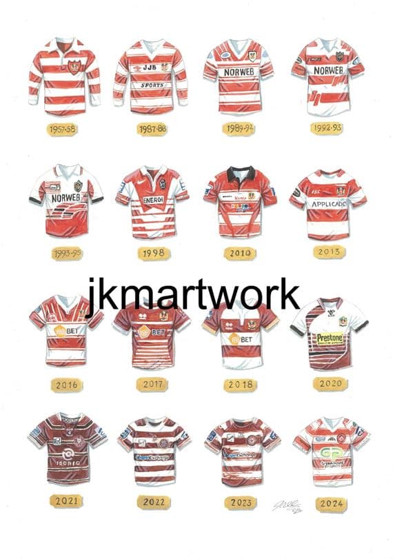 wigan RL /warriors  shirts  a3 size print
