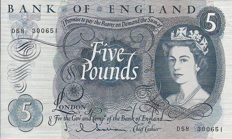 £5 Small Blue 1960 In VF Condition