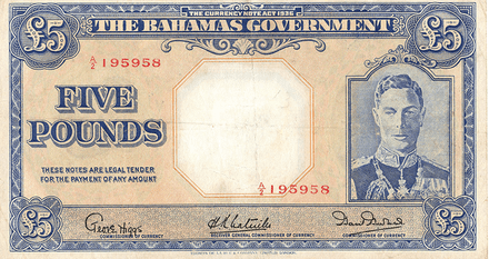 1936 George VI Bahamas 5 Pound(£5) Banknote