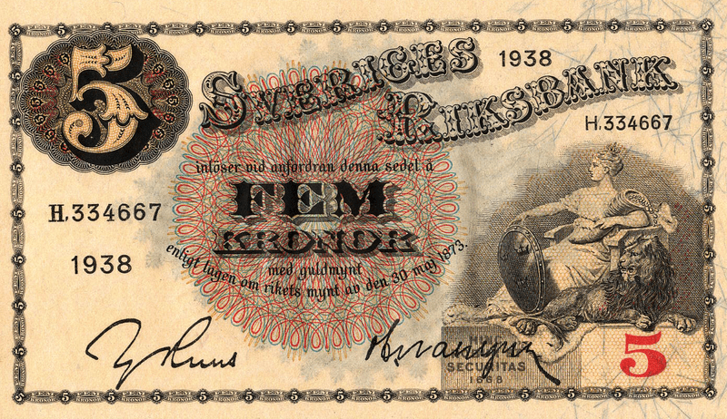 1938 -1952 Sweden 5 Kronor Banknote