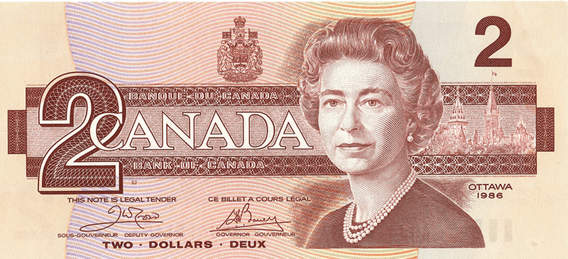 1986 Two($2) Dollar Canadian Banknote
