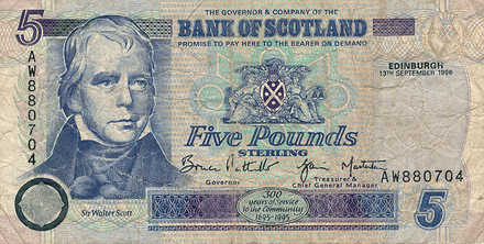 1996 Sir Walter Scott Scottish 5 Pound Banknote