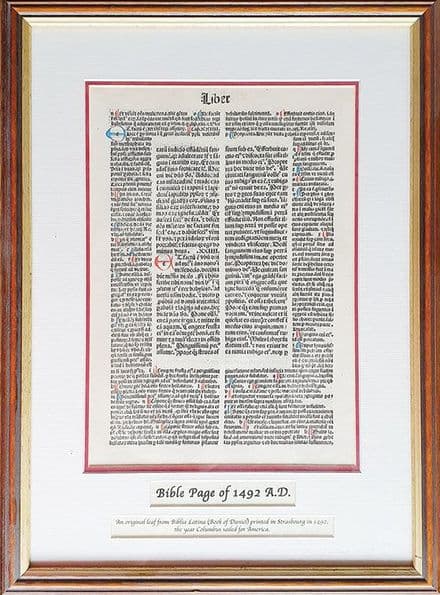 Framed Original Page From a Bible of 1492 A.D.