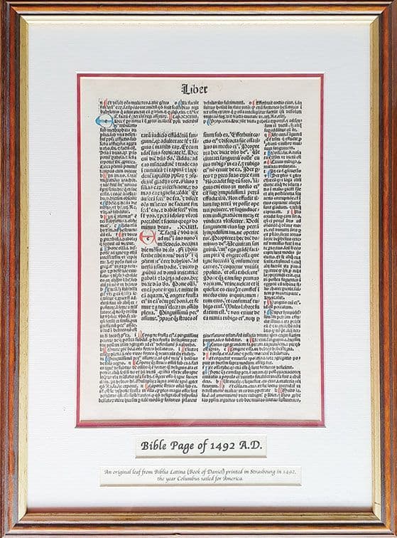 Framed Original Page From a Bible of 1492 A.D.