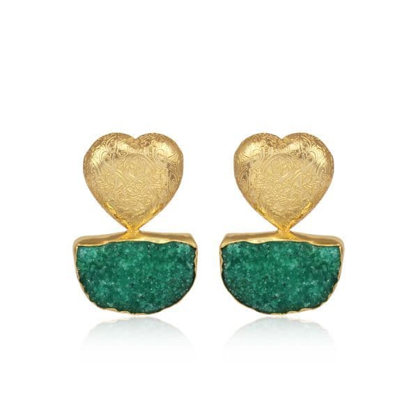 Artisanal Large Heart Green Druzy Handmade Earrings - Gold Plated
