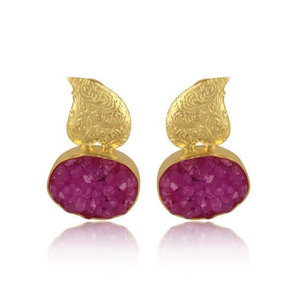 Artisanal Pink Druzy Handmade Earrings - Gold Plated