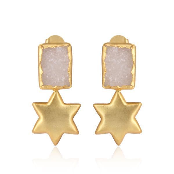 Artisanal White Druzy Handmade Earrings - Gold Plated