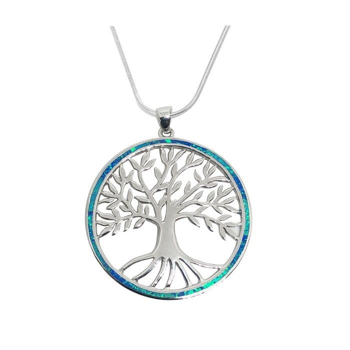 Sterling Silver Blue Opal Tree of Life Necklace - Extra Large