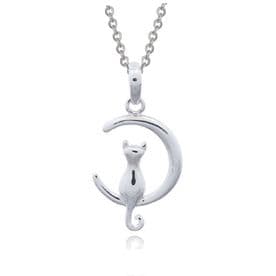 Sterling Silver Cat in Moon Necklace
