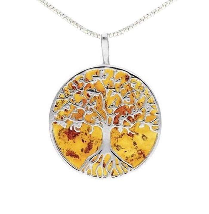 Sterling Silver Large Amber Tree of Life Necklace