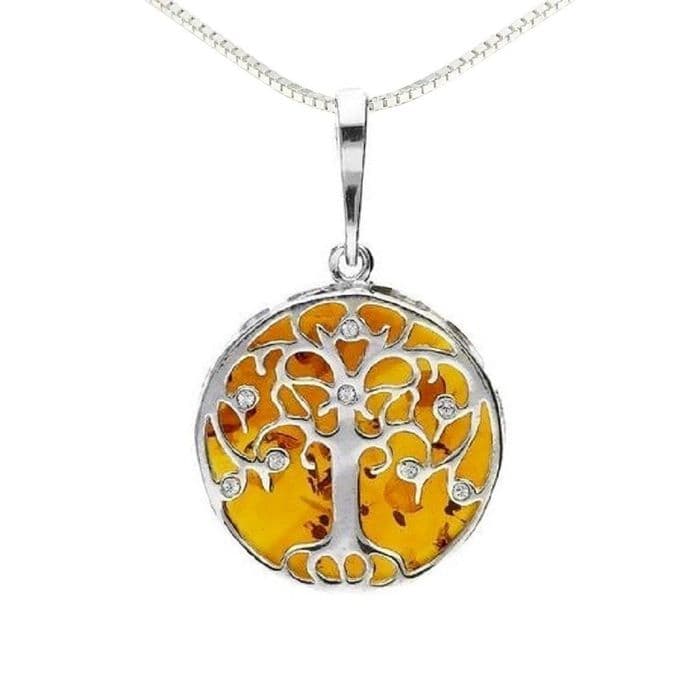 Sterling Silver Medium Amber Tree of Life Necklace