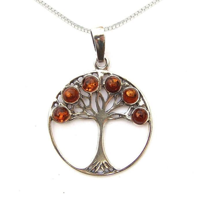 Sterling Silver Tree of Life Amber Cabochons Necklace