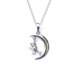 Sterling Silver Witch Flying In Moon Necklace