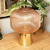 Elegant Amber Ridged Glass Table Lamp (Battery Powered)