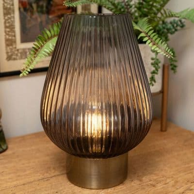 Elegant Ridged Blue Glass Table Lamp with Brass Base (Battery Powered)