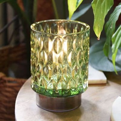 Green Embossed Glass & Brushed Gold Table Lamp (Battery Operated)