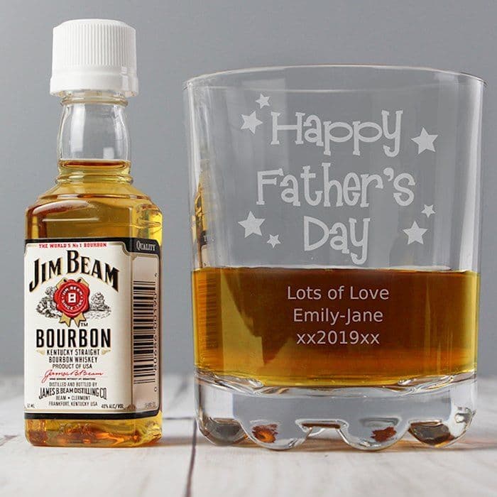Personalised Happy Father's Day Glass & Bourbon Whiskey Miniature Set
