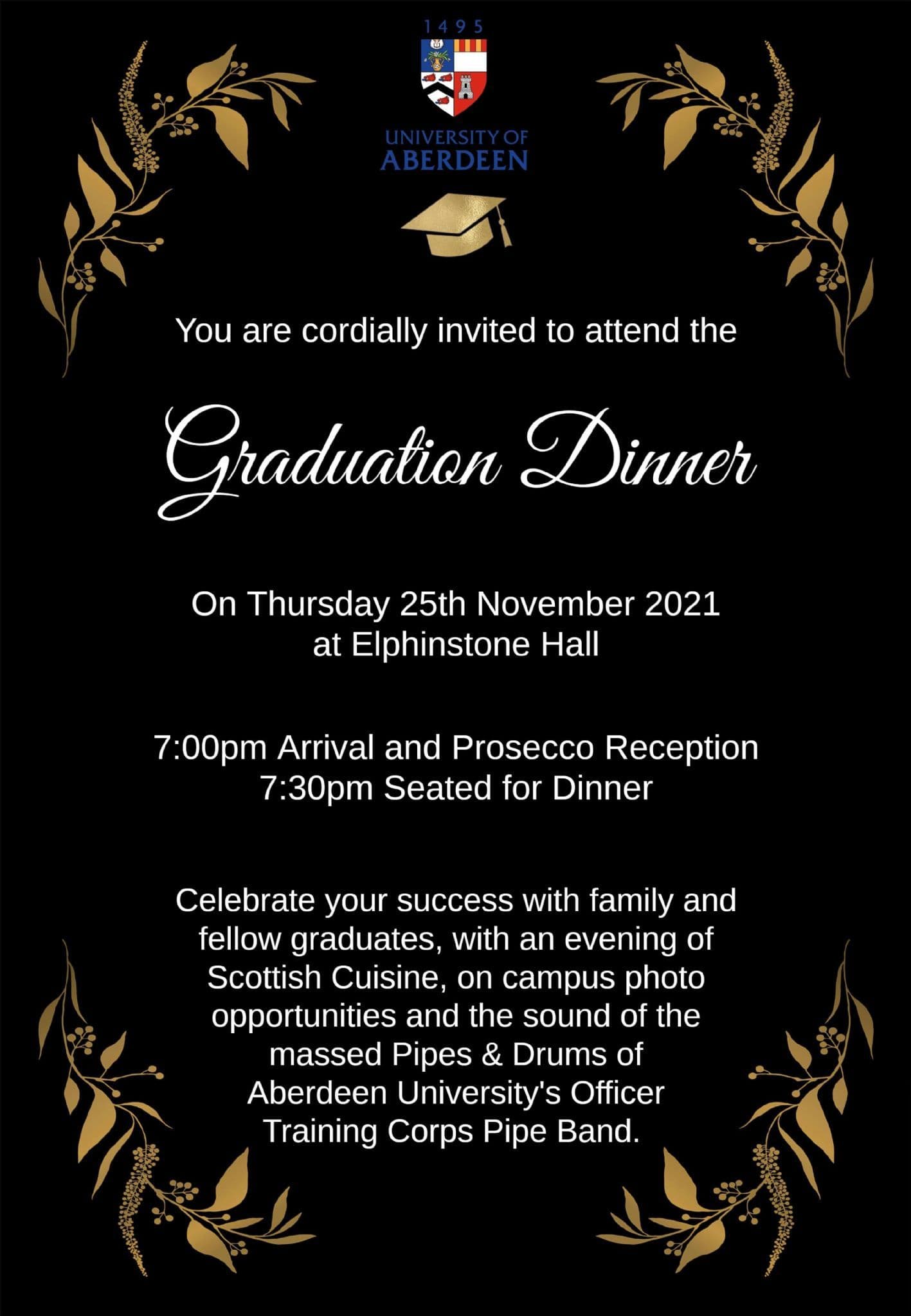 Graduation Celebration Dinner Thursday 25th November 2021